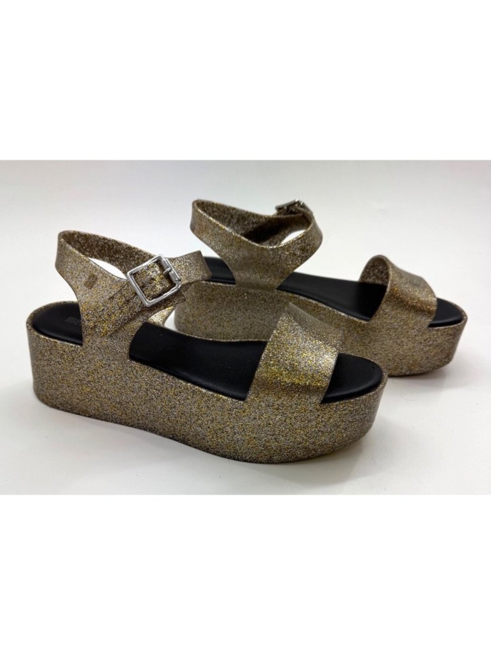 Melissa Mar Gold Glitter Platform Sandals With Adjustable Straps And Buckle Clos